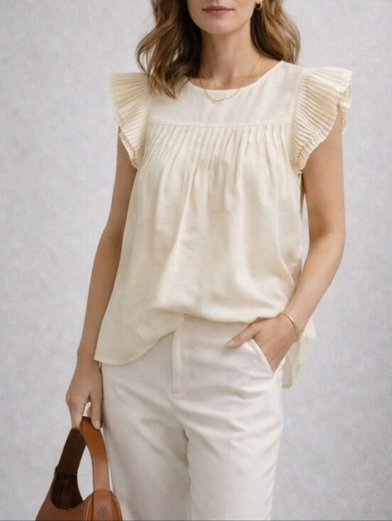 J. Crew Tops - J. Crew Ivory Silk Blouse Plated Flutter Slevees Clean girl Mininmalist Scandi